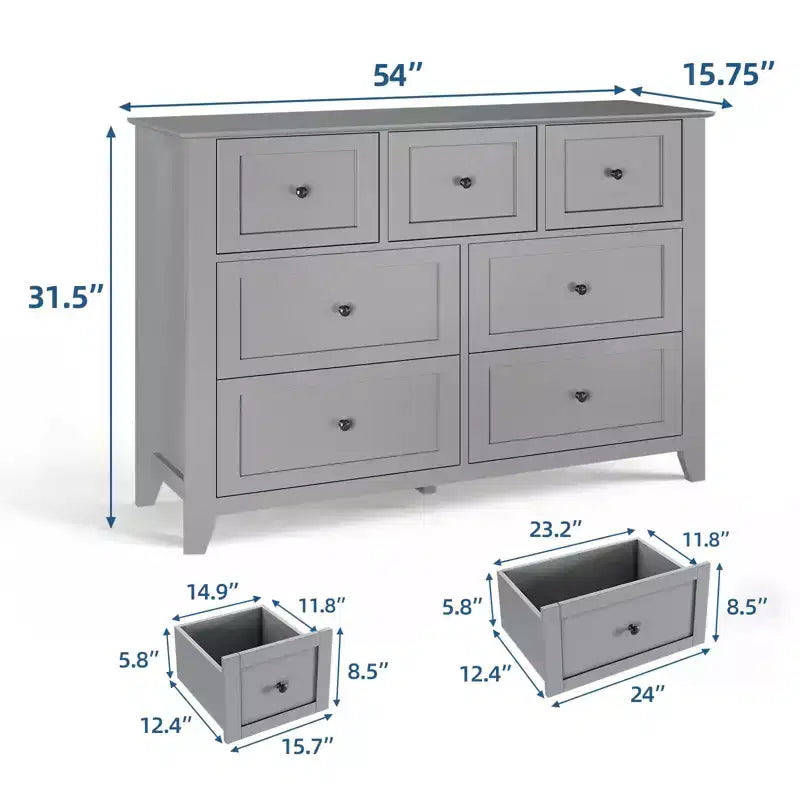 Commode moderne large à 7 tiroirs avec poignées métalliques, meuble de rangement en bois pour chambre à coucher, couloir ou entrée