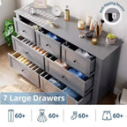 Commode moderne large à 7 tiroirs avec poignées métalliques, meuble de rangement en bois pour chambre à coucher, couloir ou entrée