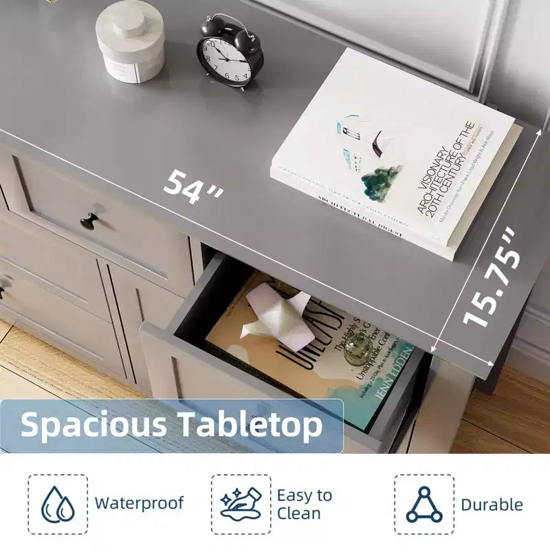 Commode moderne large à 7 tiroirs avec poignées métalliques, meuble de rangement en bois pour chambre à coucher, couloir ou entrée