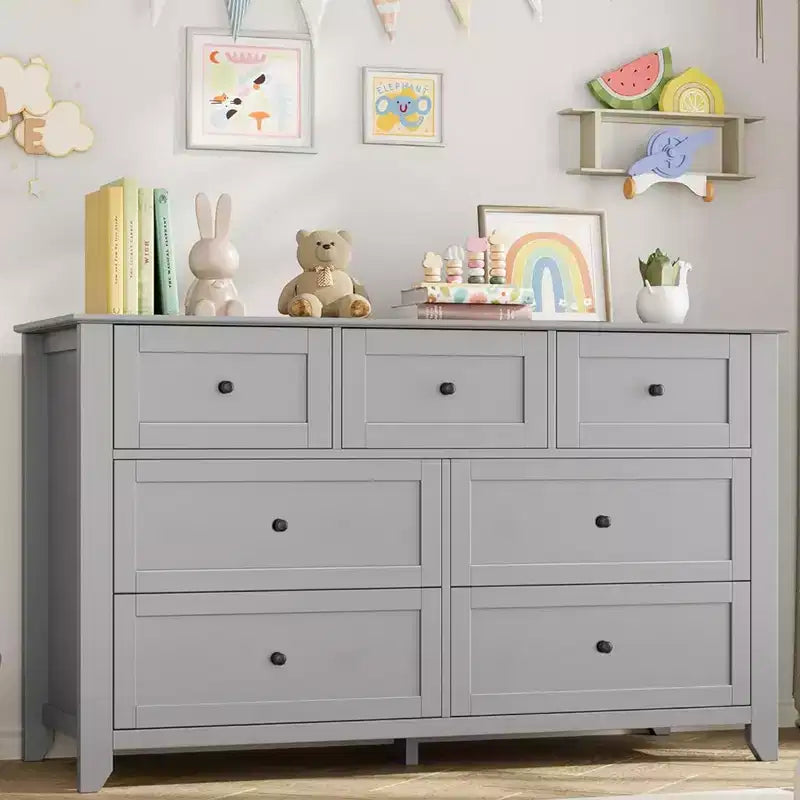 Commode moderne large à 7 tiroirs avec poignées métalliques, meuble de rangement en bois pour chambre à coucher, couloir ou entrée
