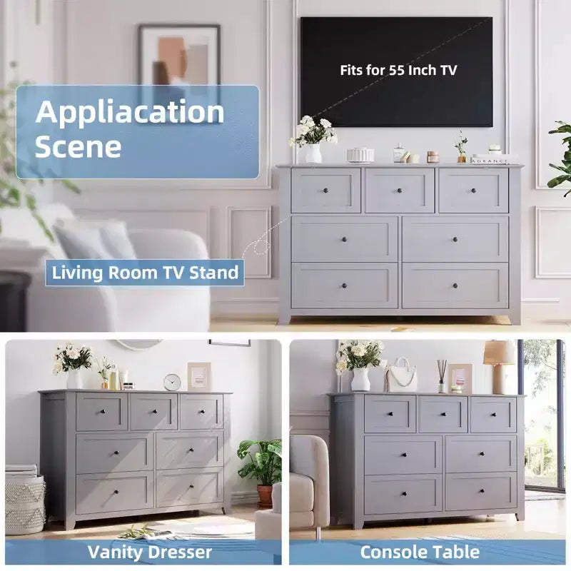 Commode moderne large à 7 tiroirs avec poignées métalliques, meuble de rangement en bois pour chambre à coucher, couloir ou entrée