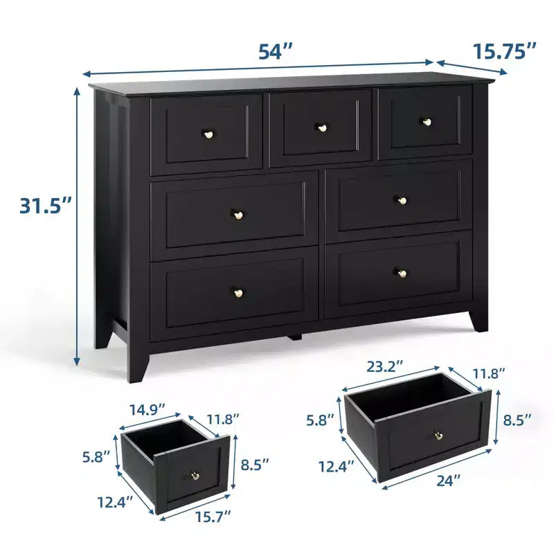 Commode moderne large à 7 tiroirs avec poignées métalliques, meuble de rangement en bois pour chambre à coucher, couloir ou entrée