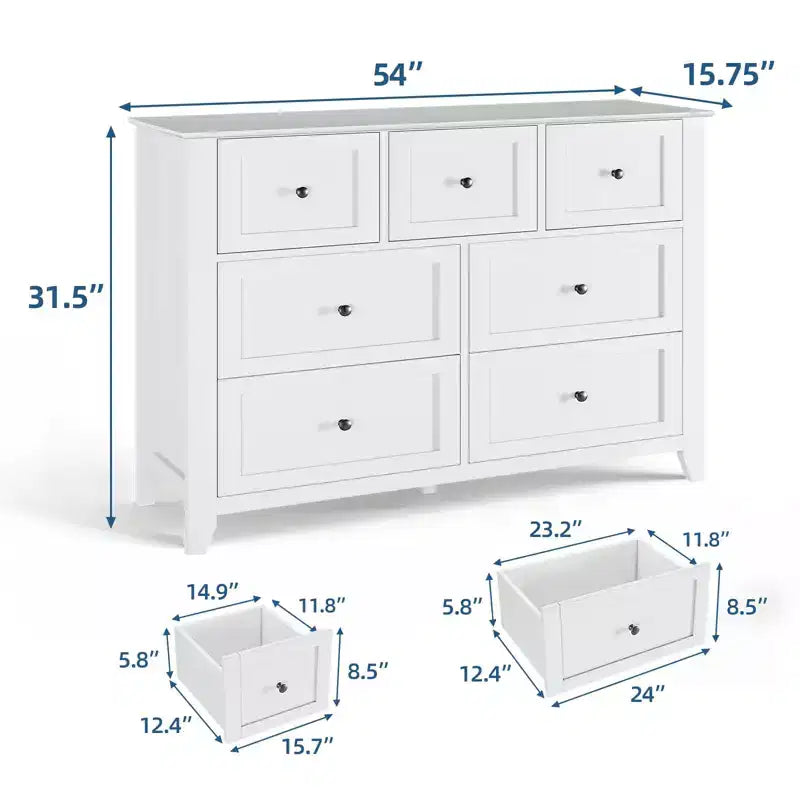 Commode moderne large à 7 tiroirs avec poignées métalliques, meuble de rangement en bois pour chambre à coucher, couloir ou entrée