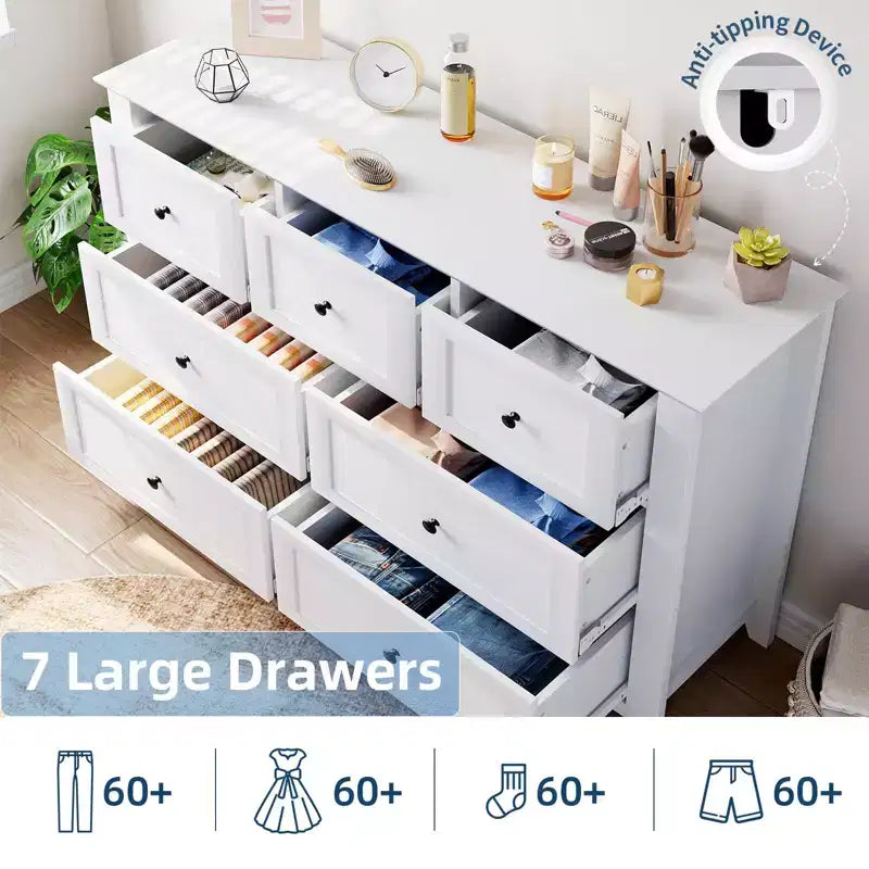 Commode moderne large à 7 tiroirs avec poignées métalliques, meuble de rangement en bois pour chambre à coucher, couloir ou entrée