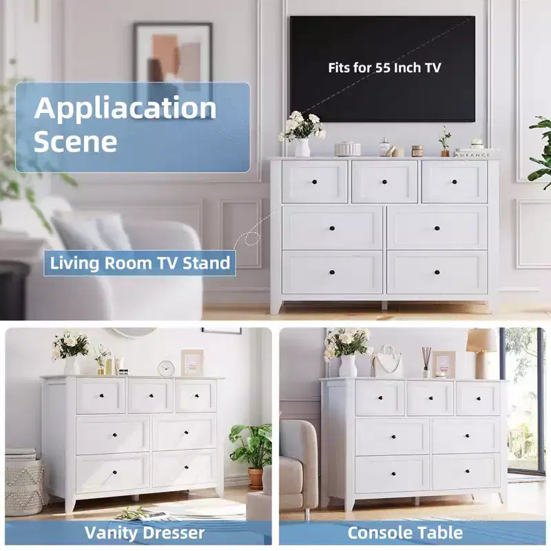Commode moderne large à 7 tiroirs avec poignées métalliques, meuble de rangement en bois pour chambre à coucher, couloir ou entrée