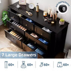 Commode moderne large à 7 tiroirs avec poignées métalliques, meuble de rangement en bois pour chambre à coucher, couloir ou entrée