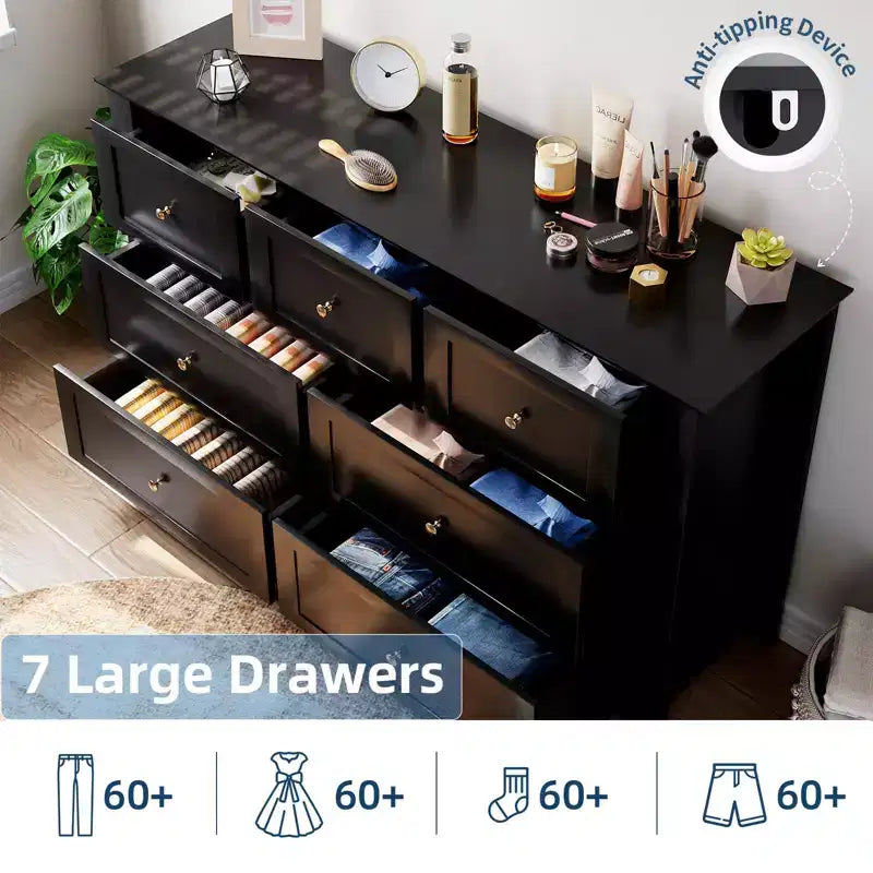 Commode moderne large à 7 tiroirs avec poignées métalliques, meuble de rangement en bois pour chambre à coucher, couloir ou entrée