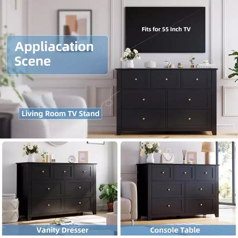 Commode moderne large à 7 tiroirs avec poignées métalliques, meuble de rangement en bois pour chambre à coucher, couloir ou entrée
