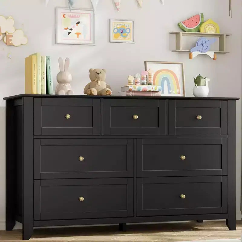 Commode moderne large à 7 tiroirs avec poignées métalliques, meuble de rangement en bois pour chambre à coucher, couloir ou entrée