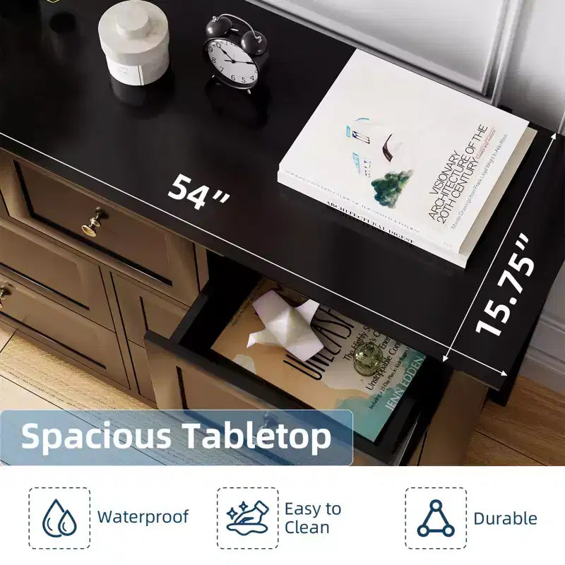 Commode moderne large à 7 tiroirs avec poignées métalliques, meuble de rangement en bois pour chambre à coucher, couloir ou entrée