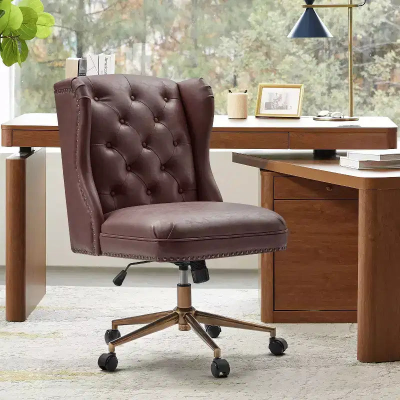 Hazel Traditional Faux Leather Wingback Office Chair with Tufted|ARTFUL LIVING DESIGNS-CAMEL