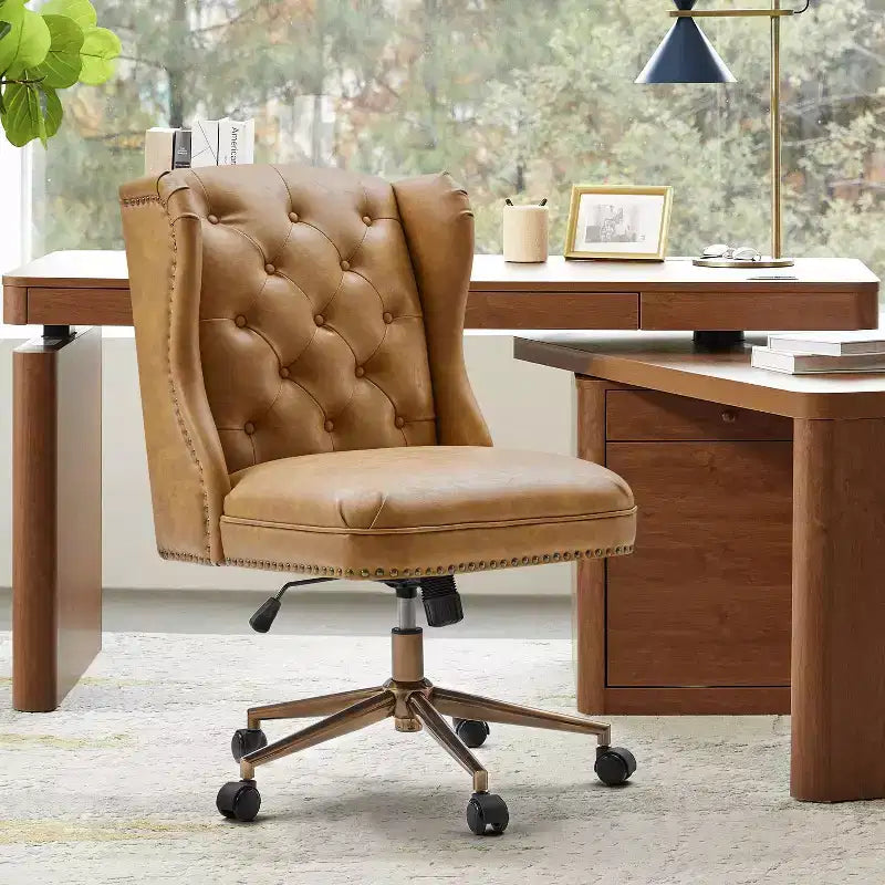 Hazel Traditional Faux Leather Wingback Office Chair with Tufted|ARTFUL LIVING DESIGNS-CAMEL