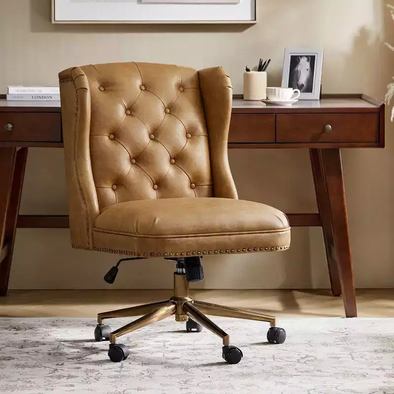 Hazel Traditional Faux Leather Wingback Office Chair with Tufted|ARTFUL LIVING DESIGNS-CAMEL
