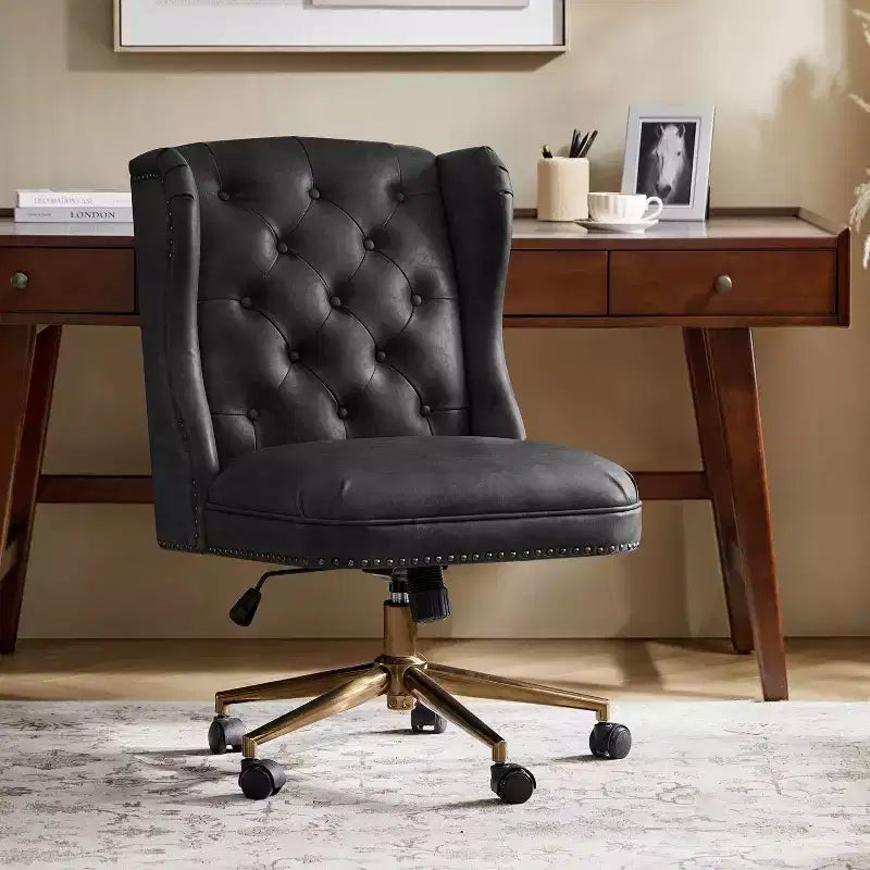 Hazel Traditional Faux Leather Wingback Office Chair with Tufted|ARTFUL LIVING DESIGNS-CAMEL