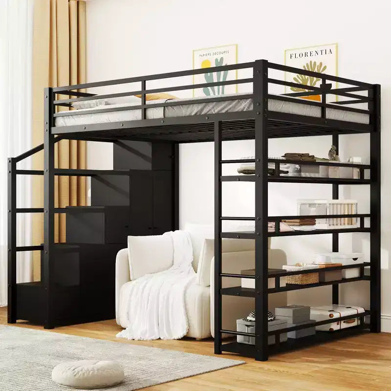 Whisen Full Size Loft Bed with 4-Tier Shelves & Stair Storage, Safe & Easy to Assemble(Upgraded) - Black