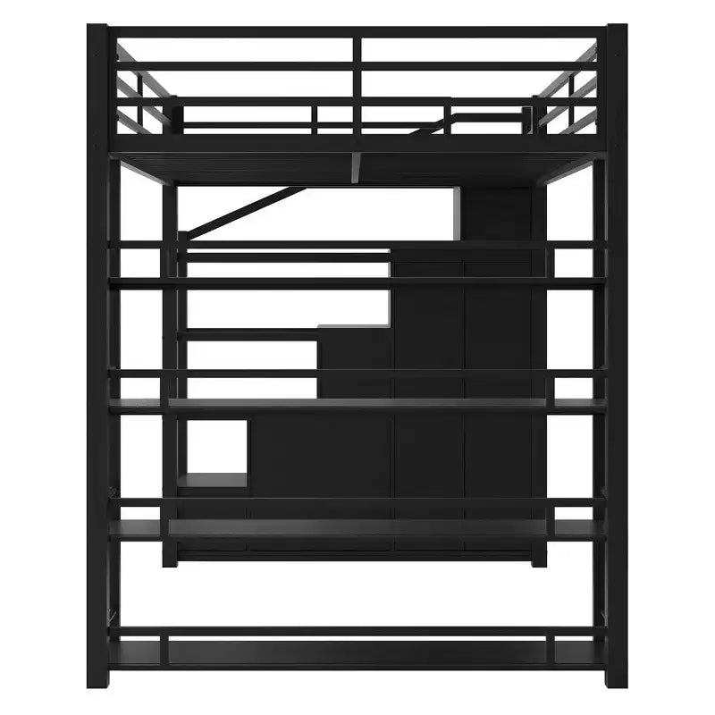 Lit mezzanine double Whisen avec étagères à 4 niveaux et escalier de rangement, sûr et facile à monter (version améliorée) - Noir