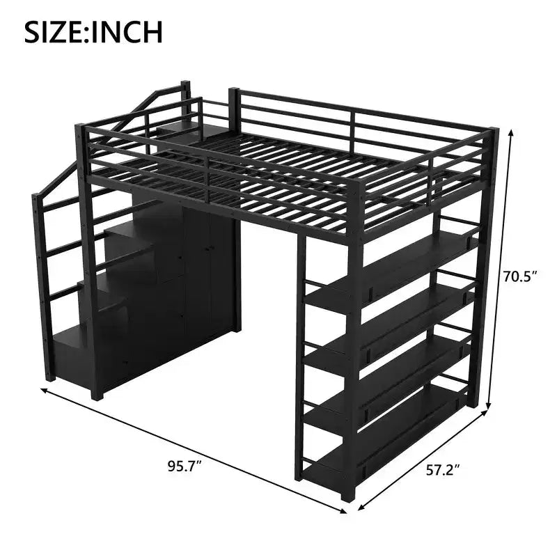 Lit mezzanine double Whisen avec étagères à 4 niveaux et escalier de rangement, sûr et facile à monter (version améliorée) - Noir