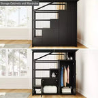 Lit mezzanine double Whisen avec étagères à 4 niveaux et escalier de rangement, sûr et facile à monter (version améliorée) - Noir