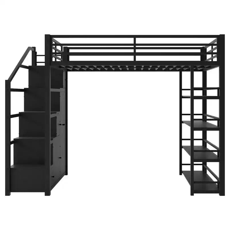 Lit mezzanine double Whisen avec étagères à 4 niveaux et escalier de rangement, sûr et facile à monter (version améliorée) - Noir