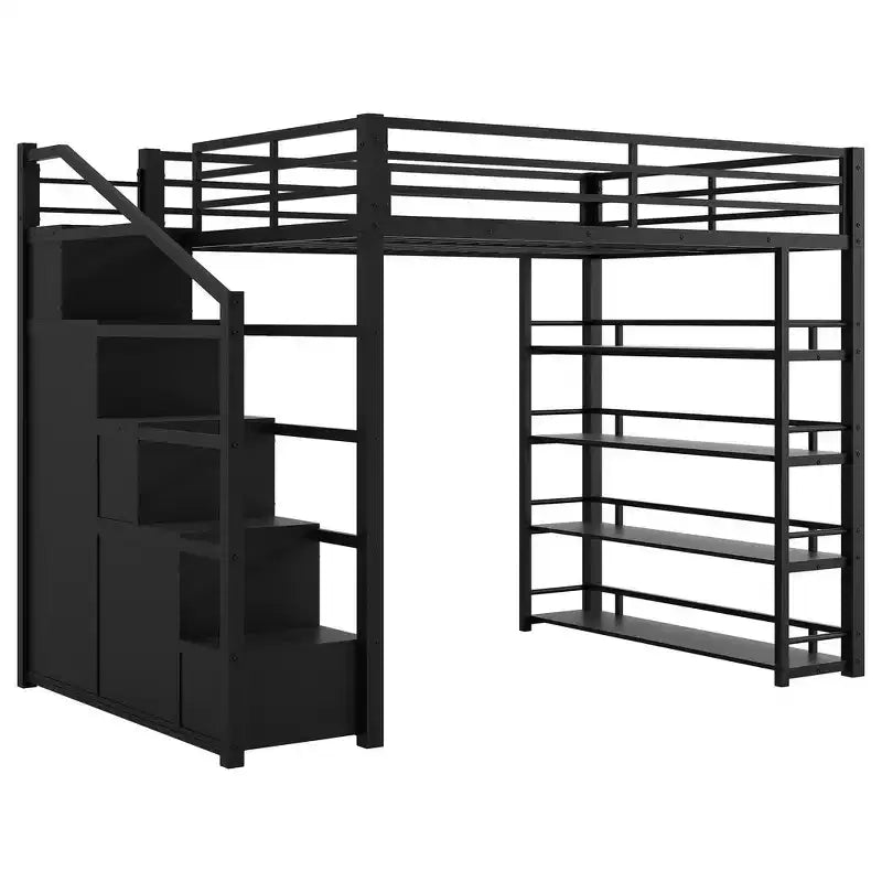 Lit mezzanine double Whisen avec étagères à 4 niveaux et escalier de rangement, sûr et facile à monter (version améliorée) - Noir
