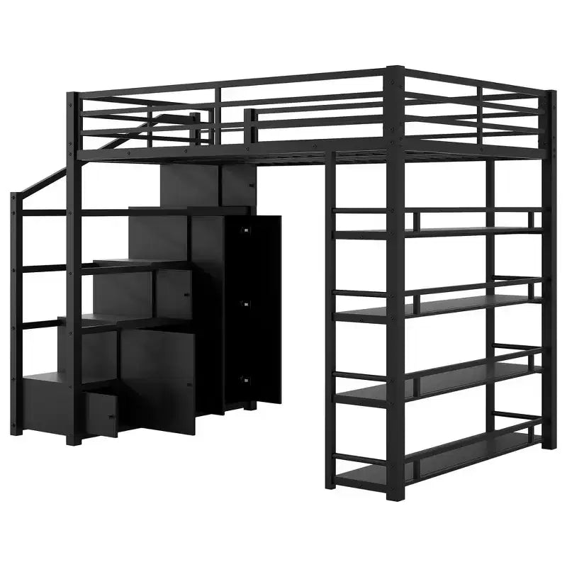Lit mezzanine double Whisen avec étagères à 4 niveaux et escalier de rangement, sûr et facile à monter (version améliorée) - Noir