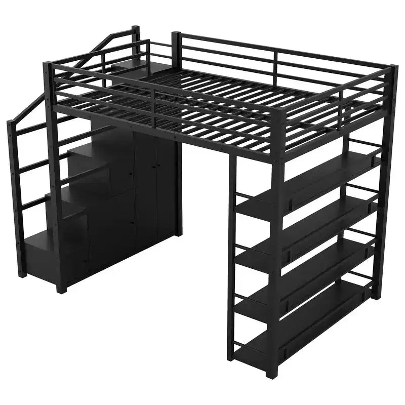 Lit mezzanine double Whisen avec étagères à 4 niveaux et escalier de rangement, sûr et facile à monter (version améliorée) - Noir