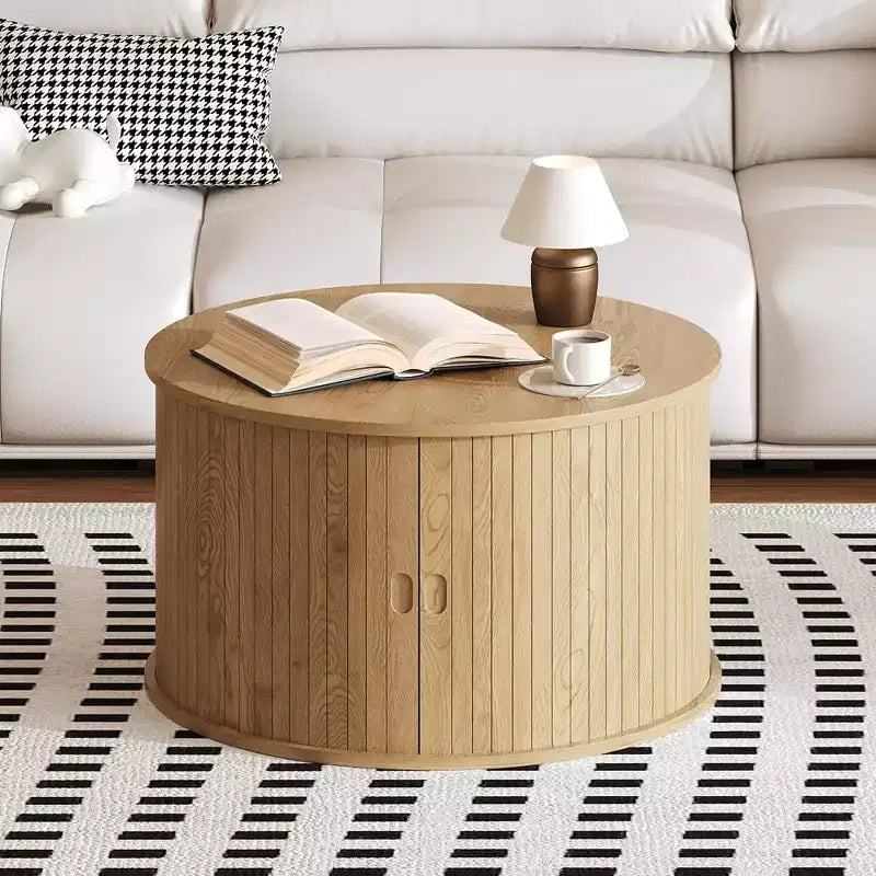 Table basse moderne du milieu du siècle de 28 po avec rangement, table d'appoint cannelée avec porte coulissante à tambour pour le salon