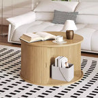 28 Round Mid Century Modern Coffee Table with Storage, Fluted Accent Table with Sliding Tambour Door for Living Room