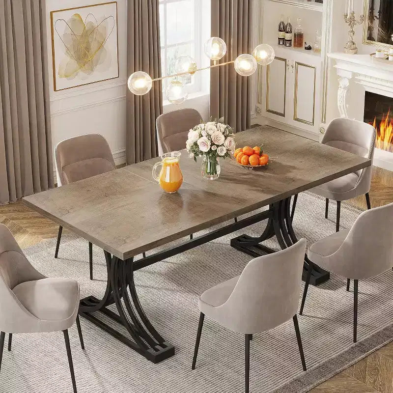 Lantine 63-Inch Rectangular Modern Dining Table with Grey Tabletop and Stylish Black Metal Legs, Seats 4 to 6 (Only Table)