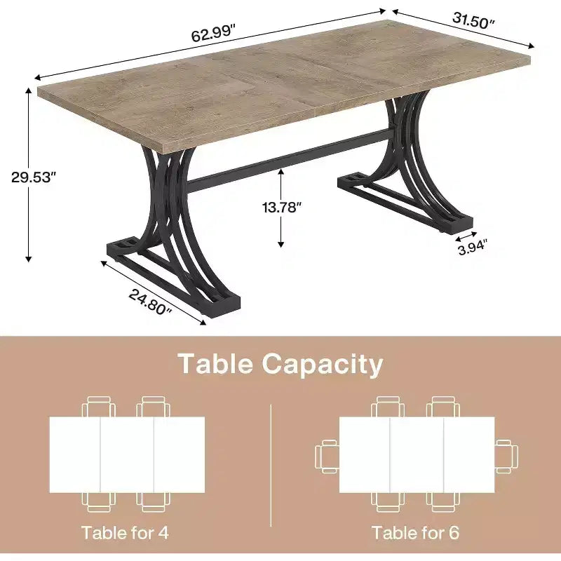 Lantine 63-Inch Rectangular Modern Dining Table with Grey Tabletop and Stylish Black Metal Legs, Seats 4 to 6 (Only Table)