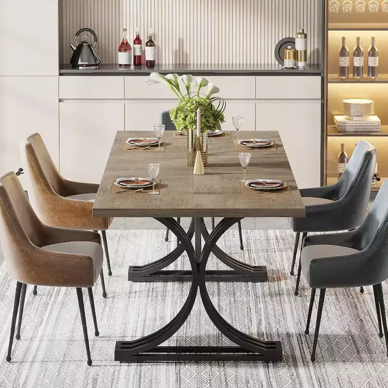 Lantine 63-Inch Rectangular Modern Dining Table with Grey Tabletop and Stylish Black Metal Legs, Seats 4 to 6 (Only Table)