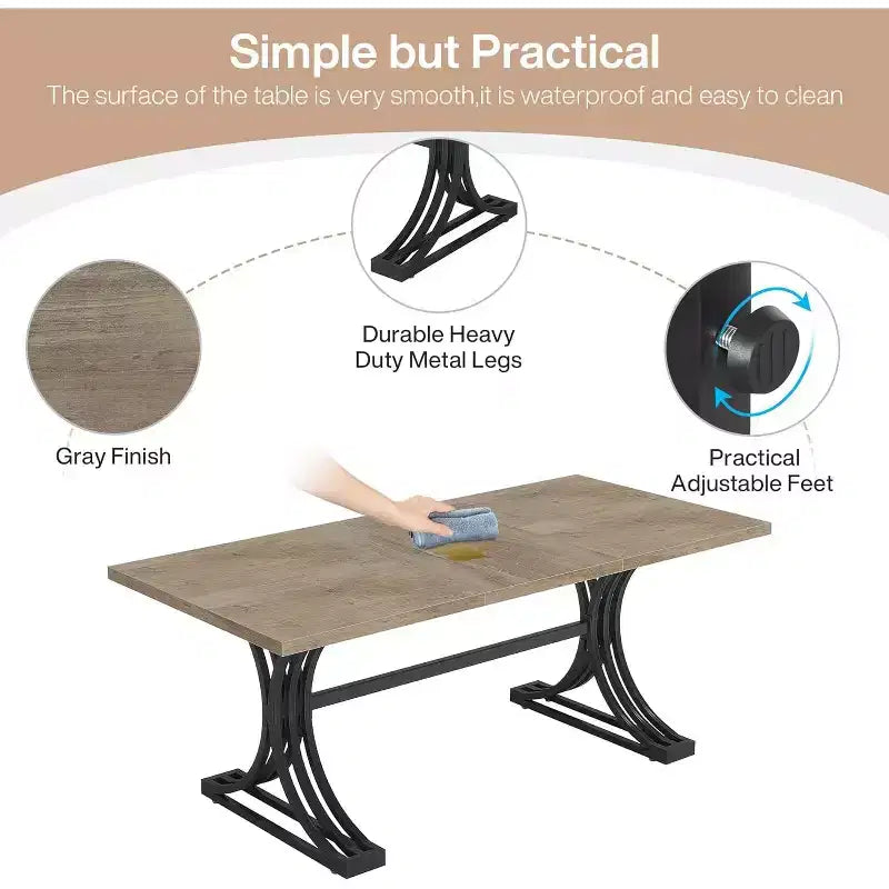 Lantine 63-Inch Rectangular Modern Dining Table with Grey Tabletop and Stylish Black Metal Legs, Seats 4 to 6 (Only Table)