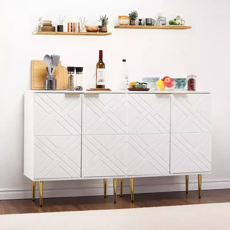 Buffet moderne avec portes gaufrées, poignées et pieds dorés, étagères réglables pour cuisine, salle à manger, salon