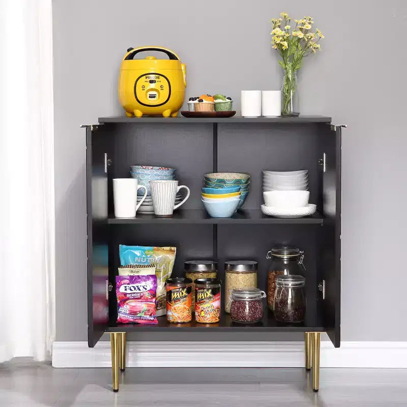 Buffet moderne avec portes gaufrées, poignées et pieds dorés, étagères réglables pour cuisine, salle à manger, salon