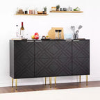Buffet moderne avec portes gaufrées, poignées et pieds dorés, étagères réglables pour cuisine, salle à manger, salon