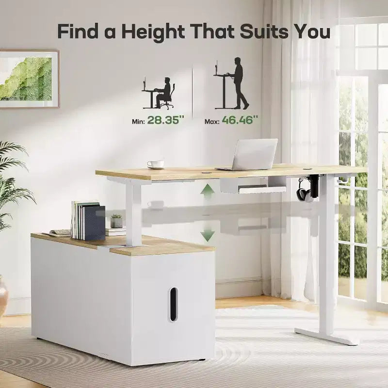 55 X 24 In Electric Height Adjustable Stand up Desk, L-Shaped Executive Standing Desk with File Cabinet, Home Office Modern Computer Desk