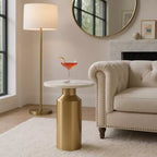Modern End Side Table as Night Stand for Home Decor - Round Marble Top with Pedestal Base as Small Table Stand - 22, Gold & White