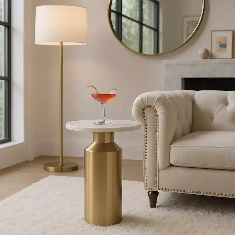 Modern End Side Table as Night Stand for Home Decor - Round Marble Top with Pedestal Base as Small Table Stand - 22, Gold & White