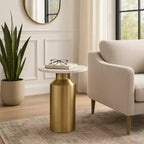 Table d'appoint moderne pour la décoration intérieure – Dessus rond en marbre avec piédestal – Petite table de 22 po, or et blanc