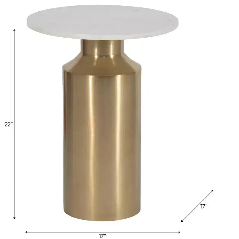 Table d'appoint moderne pour la décoration intérieure – Dessus rond en marbre avec piédestal – Petite table de 22 po, or et blanc