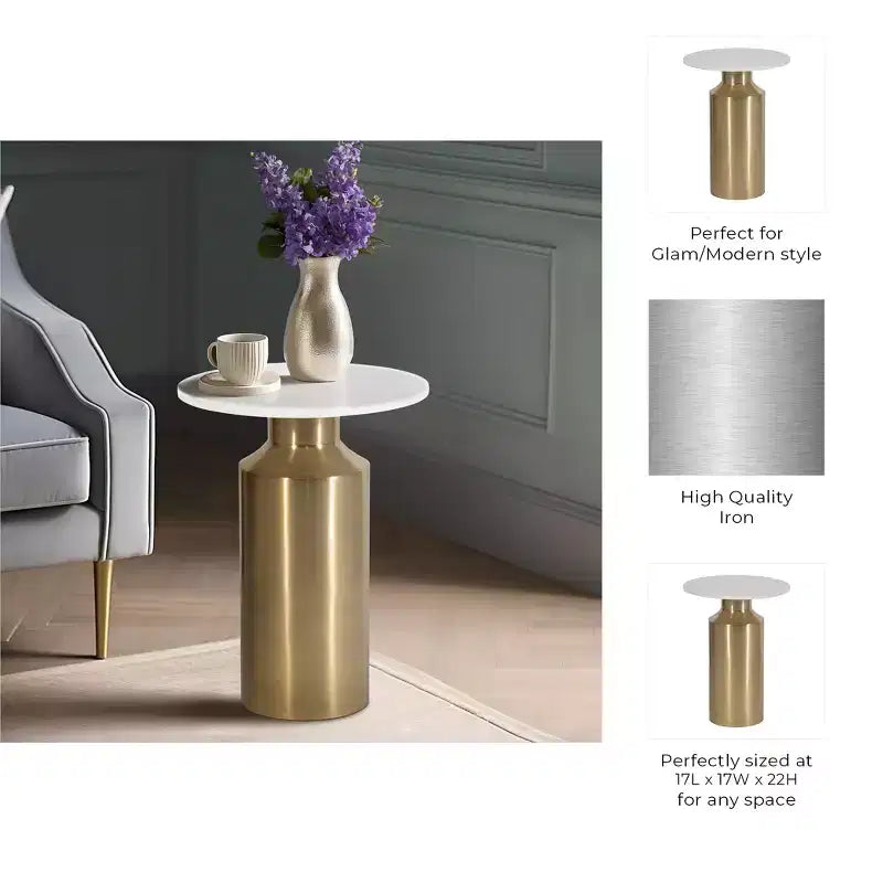 Table d'appoint moderne pour la décoration intérieure – Dessus rond en marbre avec piédestal – Petite table de 22 po, or et blanc
