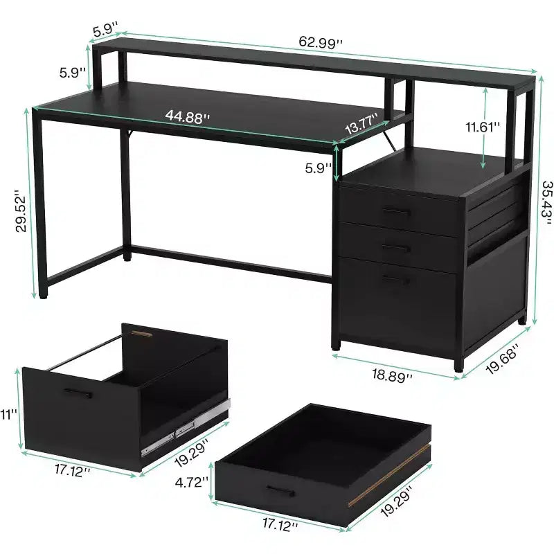 Bureau d'ordinateur industriel Lantine de 160 cm : Poste de travail ergonomique avec tiroir classeur, support d'écran et espace pour imprimante pour bureau à domicile.