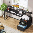 Bureau d'ordinateur industriel Lantine de 160 cm : Poste de travail ergonomique avec tiroir classeur, support d'écran et espace pour imprimante pour bureau à domicile.