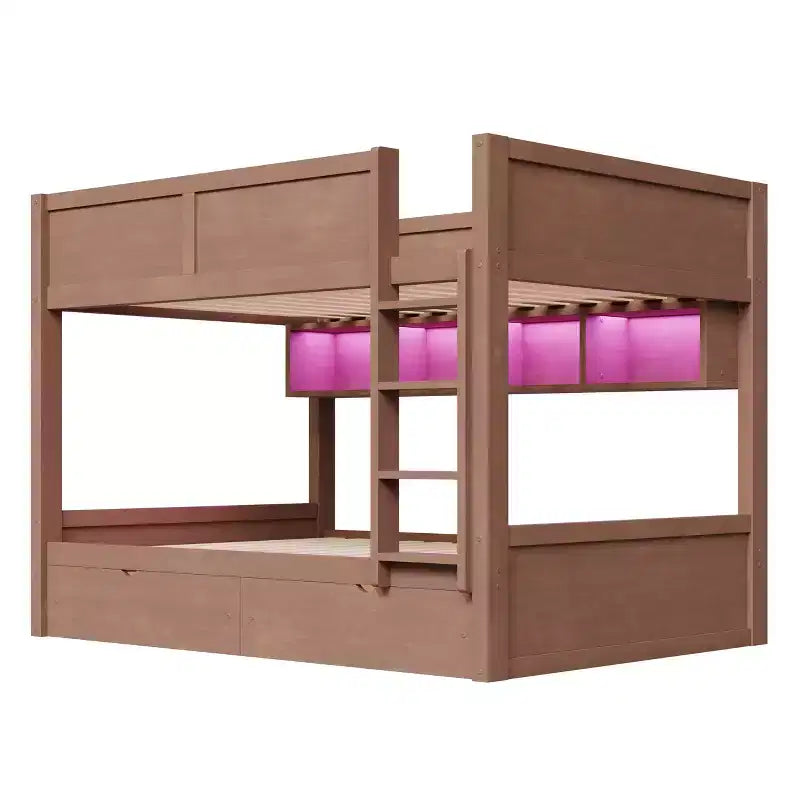 Full XL over Full XL Bunk Bed with 2 Drawers, Wood Full XL Bunk Bedframe with Storage Cabinets and LED for Bedroom