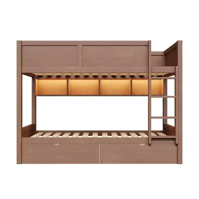 Full XL over Full XL Bunk Bed with 2 Drawers, Wood Full XL Bunk Bedframe with Storage Cabinets and LED for Bedroom