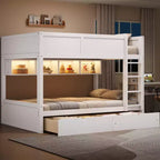 Full XL over Full XL Bunk Bed with 2 Drawers, Wood Full XL Bunk Bedframe with Storage Cabinets and LED for Bedroom