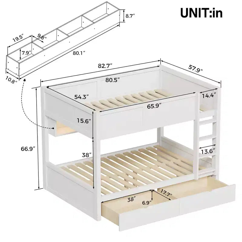 Full XL over Full XL Bunk Bed with 2 Drawers, Wood Full XL Bunk Bedframe with Storage Cabinets and LED for Bedroom