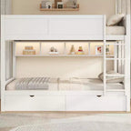 Full XL over Full XL Bunk Bed with 2 Drawers, Wood Full XL Bunk Bedframe with Storage Cabinets and LED for Bedroom