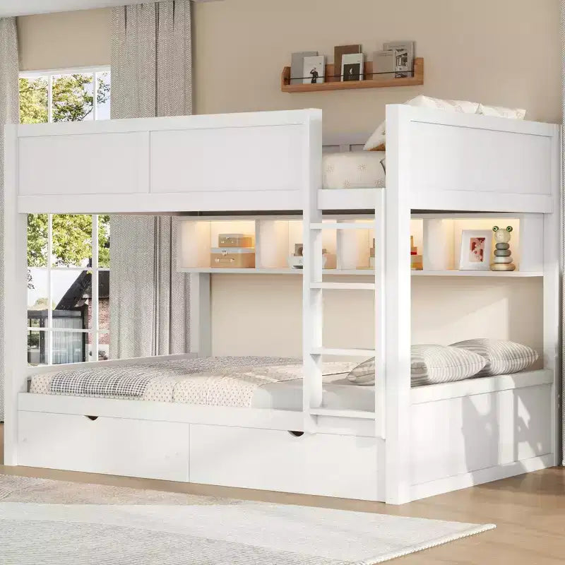 Full XL over Full XL Bunk Bed with 2 Drawers, Wood Full XL Bunk Bedframe with Storage Cabinets and LED for Bedroom