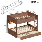Full XL over Full XL Bunk Bed with 2 Drawers, Wood Full XL Bunk Bedframe with Storage Cabinets and LED for Bedroom